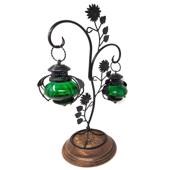 Desi Karigar® Attractive Glass & Metal Candle Stand Lantern Green