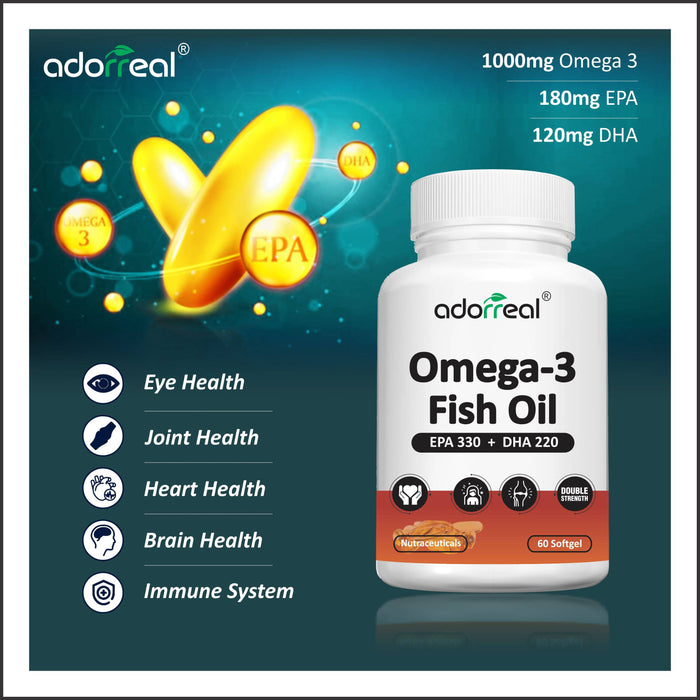 Adorreal Omega 3 Fish oil for brain, heart and eye health (EPA 330 + DHA 220) | 60 Soft gel |