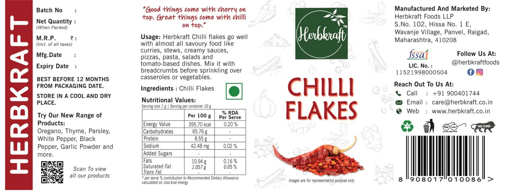 Herbkraft - Chilli Flakes 34 GM Pack of 1 | Fresh and Natural Herbs and Seasonings | Dry Leaves | Grocery - Masala - Spices | Vegetable Stir Fry - Pizza - Pasta - Salad | No Added Colour and Flavour