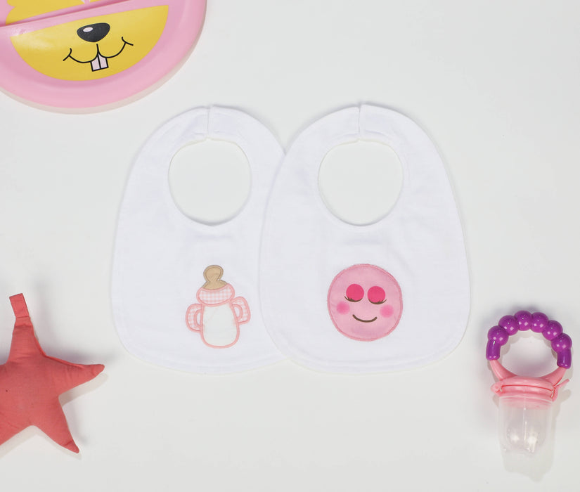 Kidbea® Baby Girl Smiley & Bottle Applique Bib With Spill-Proof Finish - 2pc Set
