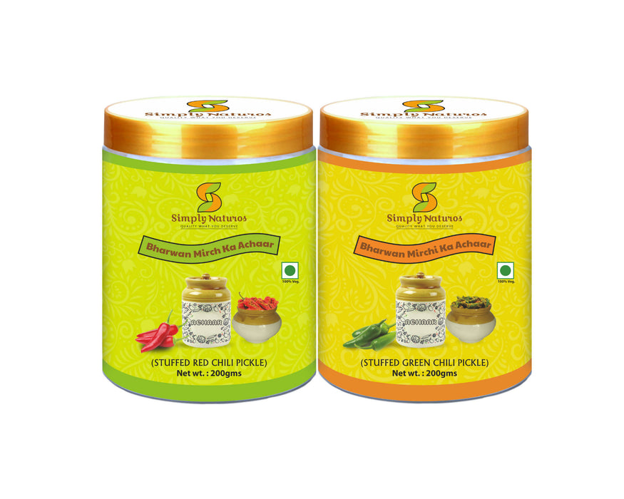 Simply Naturos Amazing Traditionally made Stuffed Red Chili & Stuffed Green Chili Pickle Combo Pack