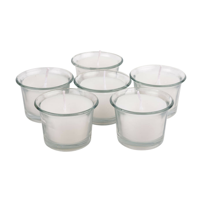 KOLLAMAI Votive Candle Paraffin Wax Unscented Glass Hand-poured White Uniformed Pack Dripless for Home Decor Diwali Wedding Meditation Aroma Burning Time Upto 4 Hour 100 gram each set of 6 pieces