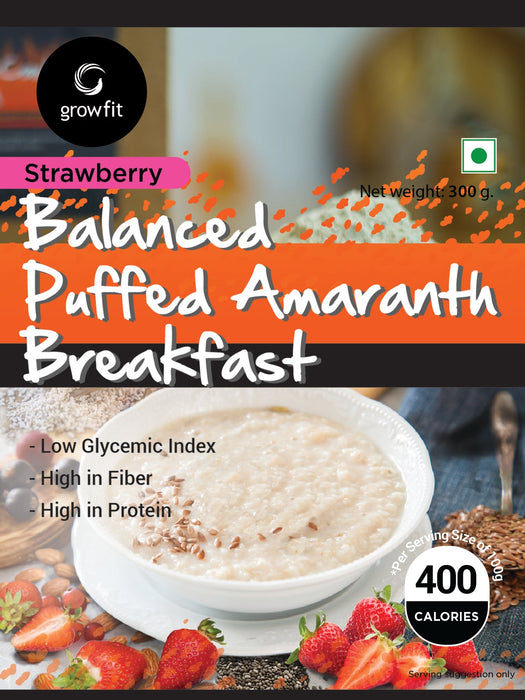 Grow fit Balanced Puffed Amaranth Breakfast l Flavours- Strawberry 300g