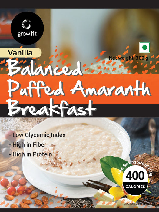 Grow fit Balanced Puffed Amaranth Breakfast l Flavours- Vanilla 300g