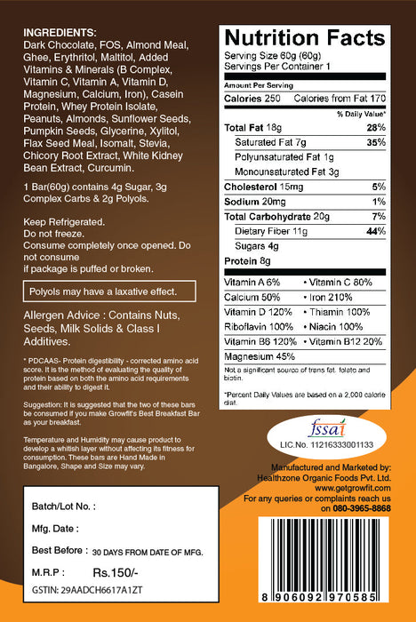 Grow fit Best Breakfast Bar - Sugar Free | pack of 3 | Made with Almonds, Dark Chocolate | Energy Booster | Low Carb and Keto Friendly 180g