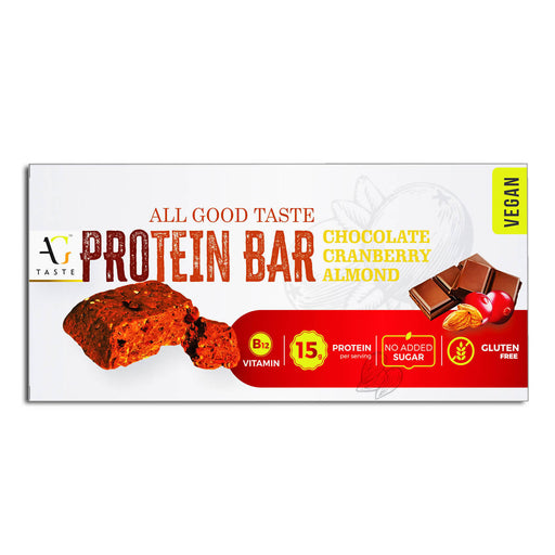 AG Taste 15G Protein Bar-Vegan & Glutenfree, Sugarfree Chocolate Cranberry Almond -270 g (6x45g), Pack of 6 bars - Local Option