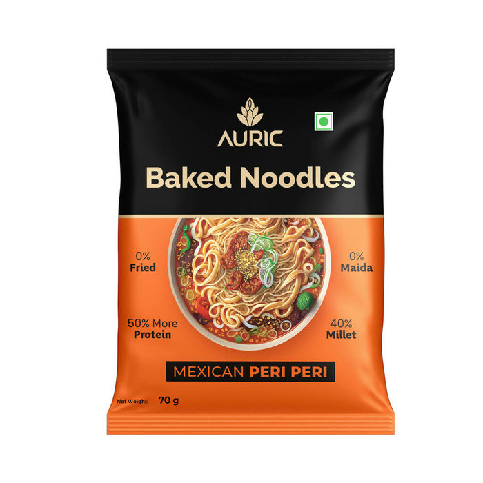 Auric Baked Noodles (70gms x 12 packs) - Zero oil, No Maida, Mexican Peri Peri