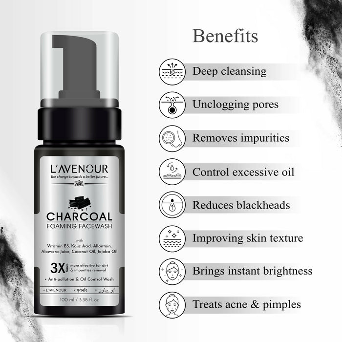 L'avenour Charcoal Foaming Facewash for Dirt Removal and Instant Brightening | Pollution & Oil Control | Daily-use Face Wash for Glowing Skin - 100ml (Pack of 2)