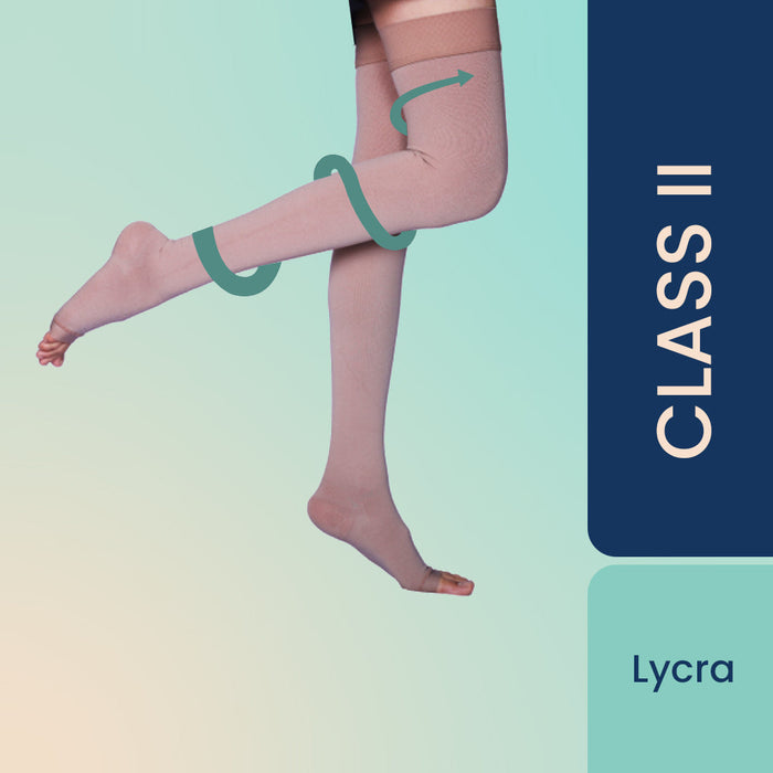 Sorgen Classique (Lycra) Medical Compression Stockings for Varicose Veins Class 2 Thigh Length in Eco-Friendly Zip Pouch Beige