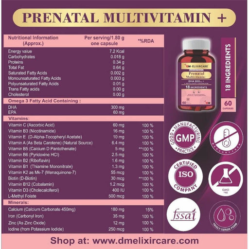 DM ElixirCare Prenatal Multivitamin for Pregnancy with DHA – 180 Capsules - Local Option