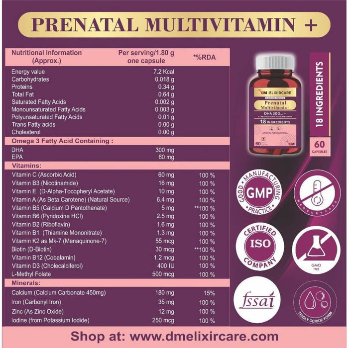 DM ElixirCare Prenatal Multivitamin for Pregnancy with DHA – 60 Capsules - Local Option