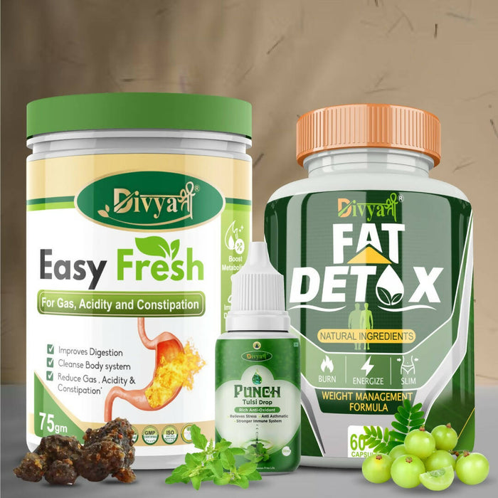 Divya Shree Fat Detox Capsule, Easy Fresh Powder & Punch Tulsi Drop - Slim Fit | Fat Burner | Help Immunity Booster, Reduces Acidity & Gas | Digestion Support | Slimming Weight Loss Body Fitness | Fat Burner and Weight Loss Kit for Men & Women