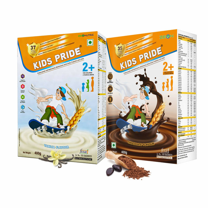 Zeonutra Kids Pride 2+ Milk Protein Powder, Complete & Balanced Nutrition for Growing Children| Supports Eye Health, Brain Development and Kid's Growth Supplement, Chocolate & Vanilla Flavour