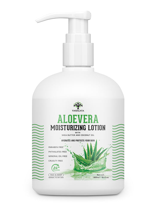 Vanalaya Aloevera Moisturizing Lotion with shea butter Vitamin E and coconut oil Paraben Free Sulphate free Mineral oil free for Face and Body 300ml