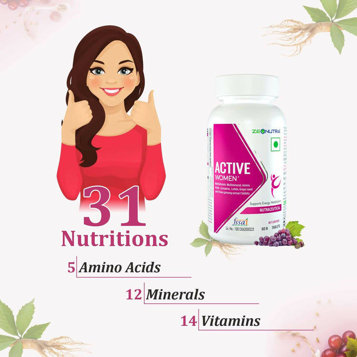 Zeonutra Active Women One Daily Multivitamin Supplement Tablet for Women with Vitamins, Calcium, Iron & Herbal Extracts for Skin, Hair, Energy & Strength - Pack of 60 Veg Tablets