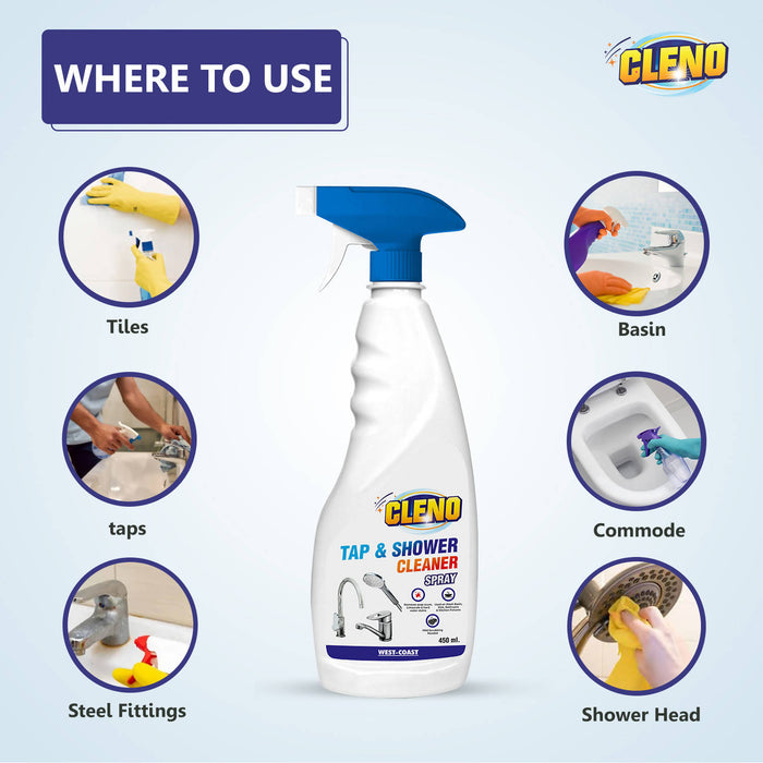 CLENO Tap & Shower Cleaner Spray to Clean Bathroom, Kitchen Tap, Shower, Faucet. Removes Limescale & Hard Water Spot, Soap Scum, Water Stains, Scaling |. Eco-friendly & Biodegradable - 450 ml (Ready to Use)