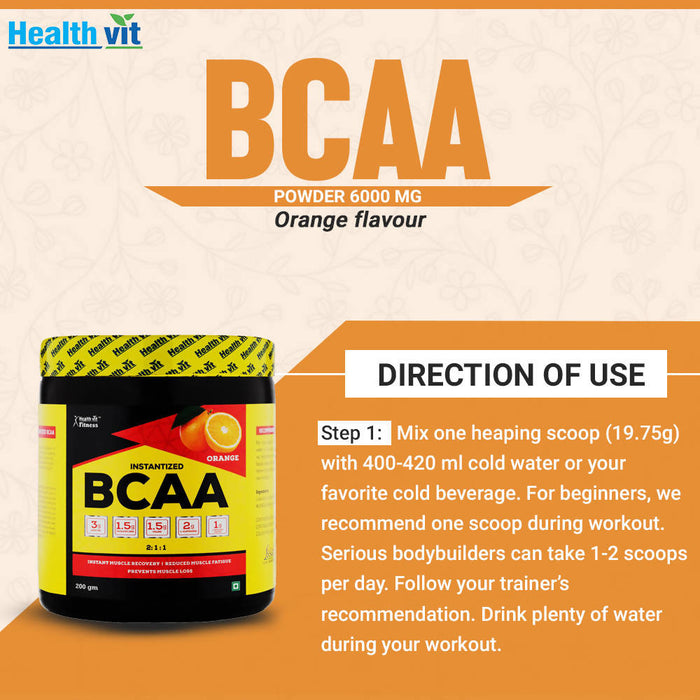 Healthvit Fitness BCAA 6000mg 2:1:1 with L-Glutamine and L-Citrulline Malate, 200g (10 Servings) Tangy Orange - Local Option