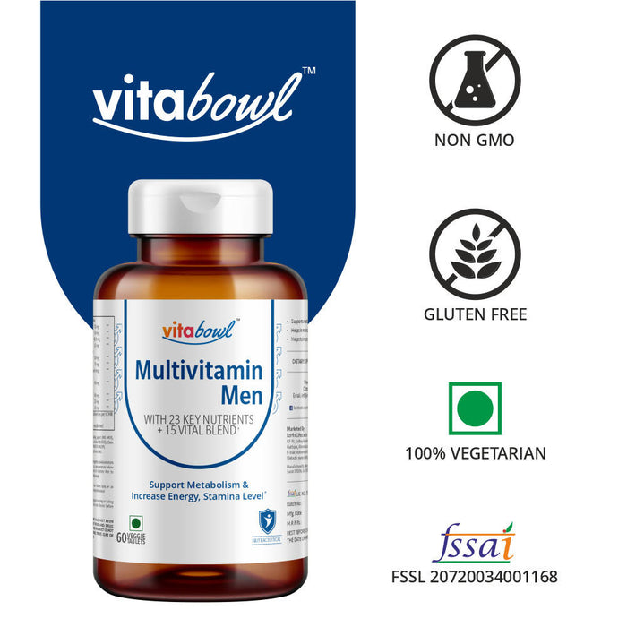 Vitabowl's Multivitamin Tablets for Men with 23 Key Nutrients and 15 Vital Blends - 60 Veg. Tablets - Local Option