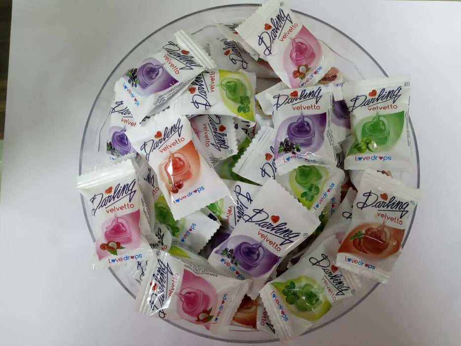 Derby Darling Velvetto Mixed Fruit Center Filled Candy (Green Apple, Red Cherry, Lemon, Ripe Mango, Peach, Tamrind, Lichi, Black Current)Party Pack / Return Gifts for Birthday to Friends(166 Candies)