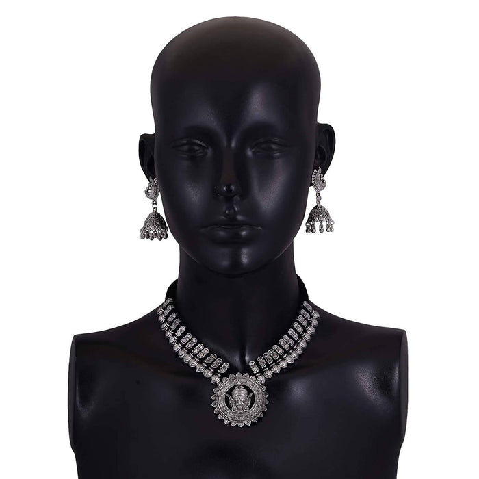 Oxidized Mata Choker Set With Peacock Earrings