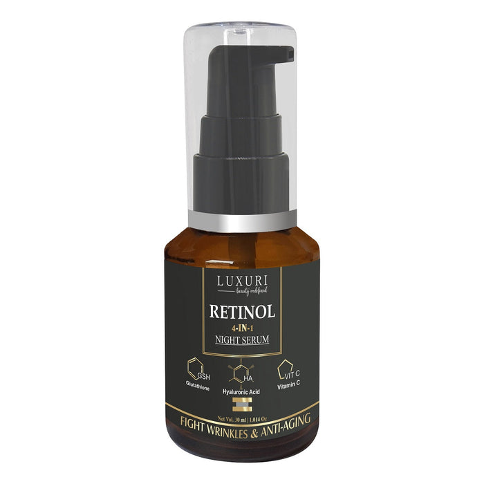 LUXURI Retinol 4-In-1 Face Serum, Serum for Anti Aging, Night Face Serum with Retinol & Glutathione, Hyaluronic, Vitamin C - 30Ml