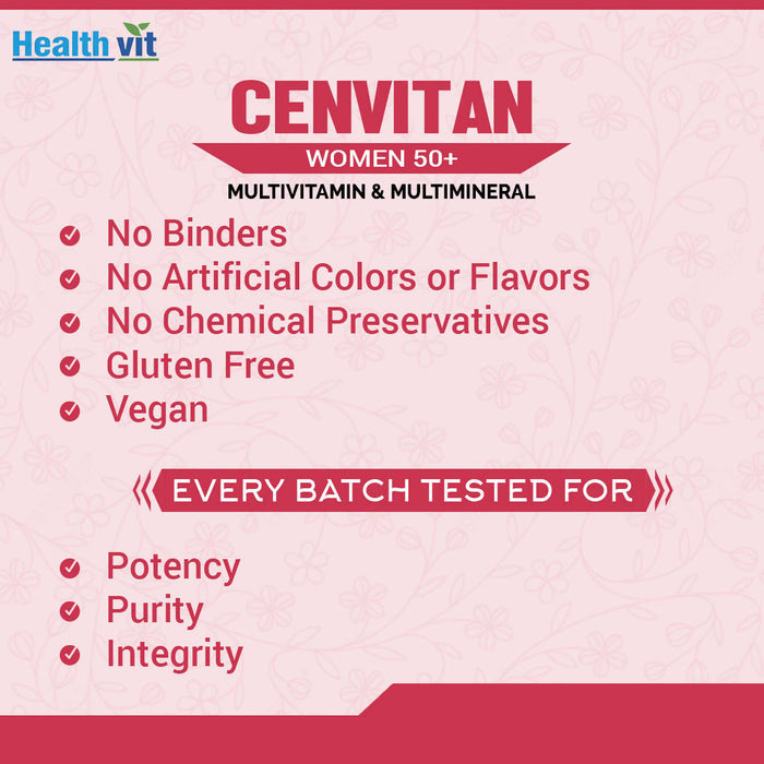 Healthvit Cenvitan Women 50+ Multivitamins and Multimineral 25 Nutrients (Vitamins and Minerals) |Eye Health, Brain Health, Bone Health and Heart Health â€“ 60 Tablets - Local Option