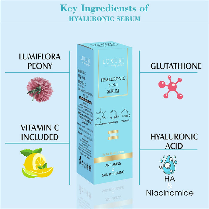LUXURI Hyaluronic 3-In-1 Face Serum, Serum for Anti Aging, Night Face Serum with Hyaluronic & Glutathione, Vitamin C- 30Ml