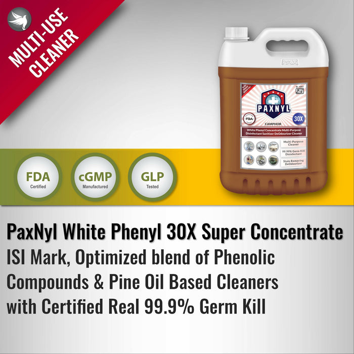 PaxNyl White Phenyl 30X Super Concentrate ISI Mark Deodourizer Cleaner with 99.9% Germ Kill Disinfectant Sanitizer Action (Camphor), 5L