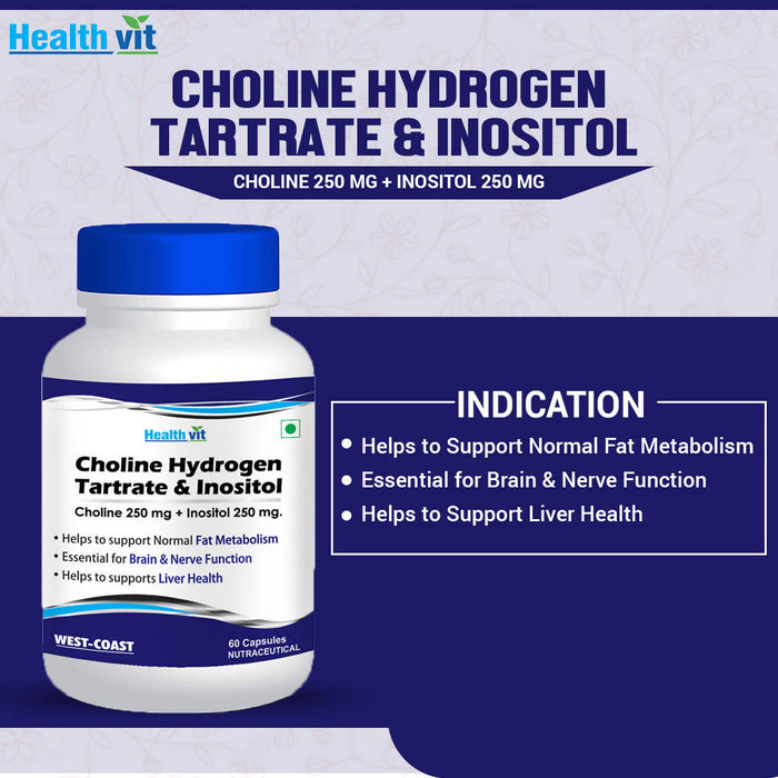 Healthvit Choline Hydrogen Tartrate 250mg & Inositol 250 Mg - 60 Capsules | Energy Metabolism, Liver Health, Essential for Brain & Nerve Function - Non-GMO, Vegan, Gluten Free, Dairy Free - L