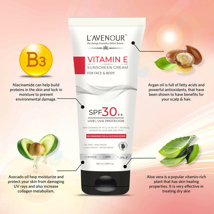 L’avenour Vitamin E Sunscreen, SPF 30++ For UVB & UVA Protection, Oil Free, Light Weight, Non-Greasy & Water Proof Sunscreen for Face & Body | For All Outdoor Sports 100ml