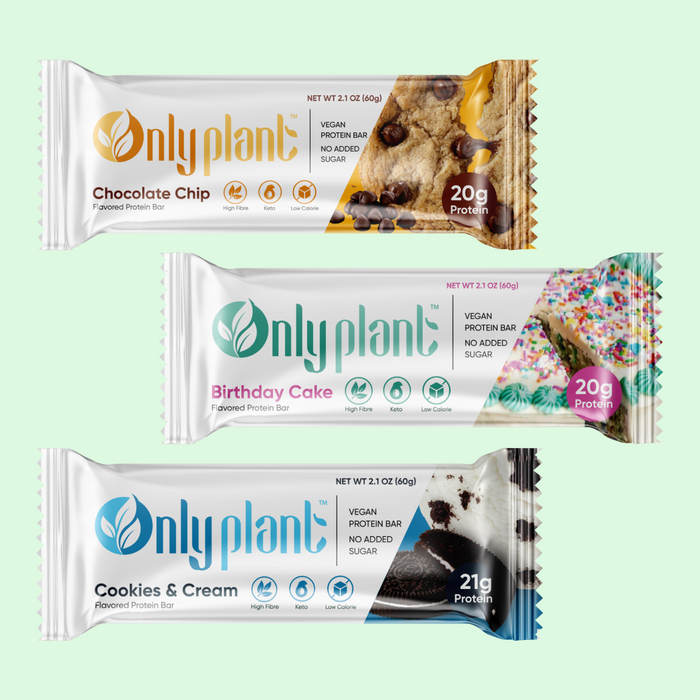Only Plant Birthday Cake, Choclate Chip Cookie, Cookie and Cream Plant Based Vegan Protein Bar Assorted Box, Pack of 6