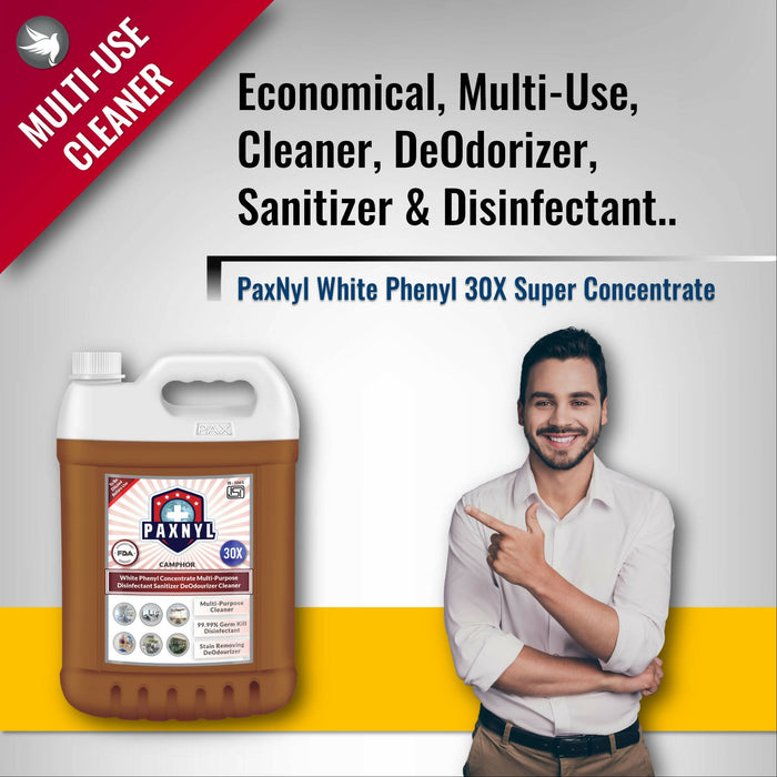 PaxNyl White Phenyl 30X Super Concentrate ISI Mark Deodourizer Cleaner with 99.9% Germ Kill Disinfectant Sanitizer Action (Camphor), 5L