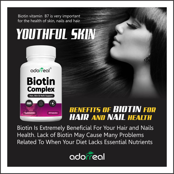 Adorreal Biotin Complex Supplement for Hair Growth, Strengthen Hair and For Glowing Skin | 60 Capsules |