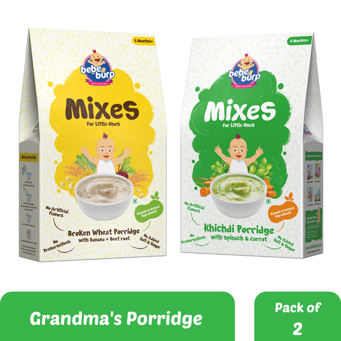 Bebe Burp Organic Baby Food Instant Mix Porridge Combo  Pack Of 2 - 200 Gm Each (Khichdi and Broken Wheat With Real Fruits & Veggies)