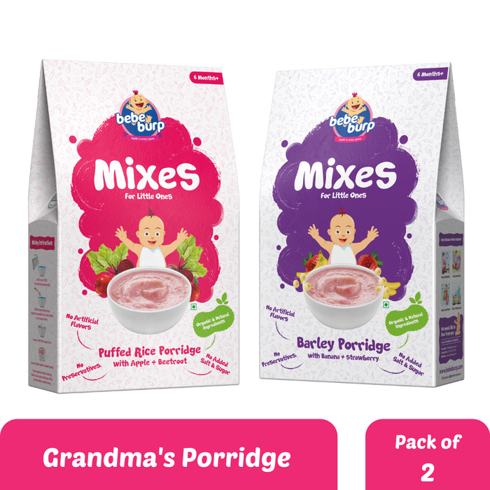 Bebe Burp Organic Baby Food Instant Mix Porridge Combo  Pack Of 2 - 200 Gm Each (Barley and Puffed Rice With Real Fruits & Veggies)