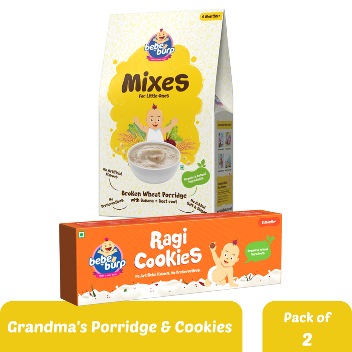 Bebe Burp Organic Baby Food Instant Mix Porridge, Cookies Combo Pack Of 2 - 200 Gm and 150 Gm Each (BROKEN WHEAT MIX AND RAGI COOKIES WITH REAL FRUITS & VEGGIES)