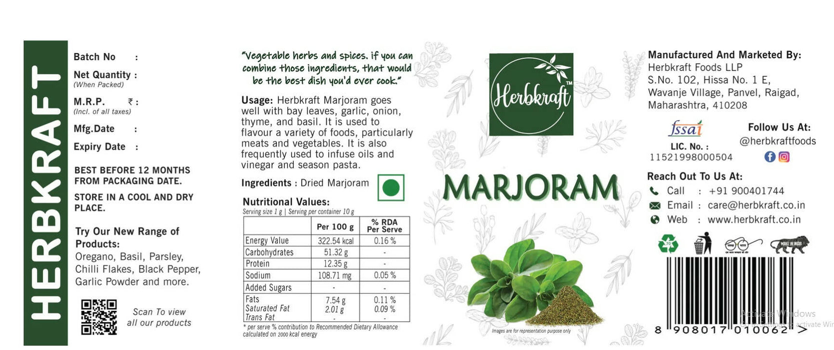 Herbkraft - Marjoram 9 GM Pack of 1 | Fresh and Natural Herbs and Seasonings | Dry Leaves | Grocery - Masala - Spices | Vegetable Stir Fry - Pasta - Tea - Meats | No Added Colour and Flavour