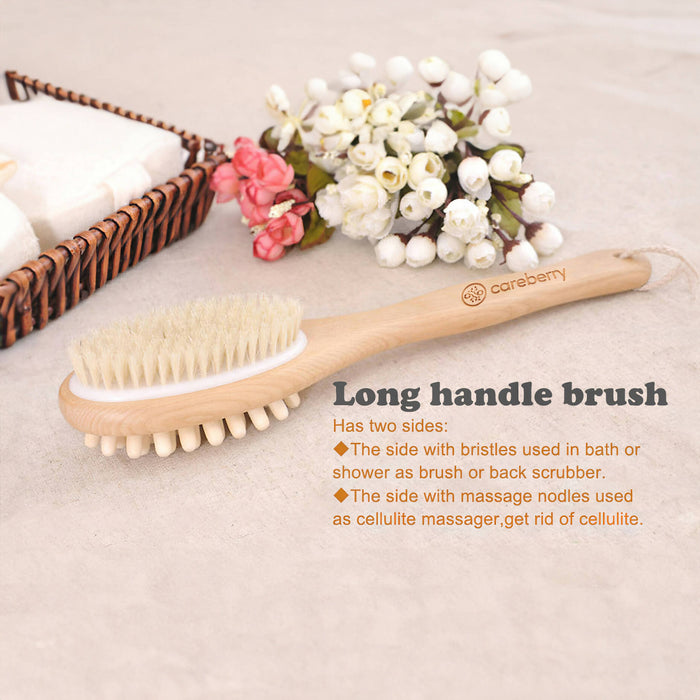 Careberry's Dual-Action Bamboo Body Brush | Exfoliating Wet & Dry Bath Brush | Removes Dead Skin | Body Back Massager Wooden Brush