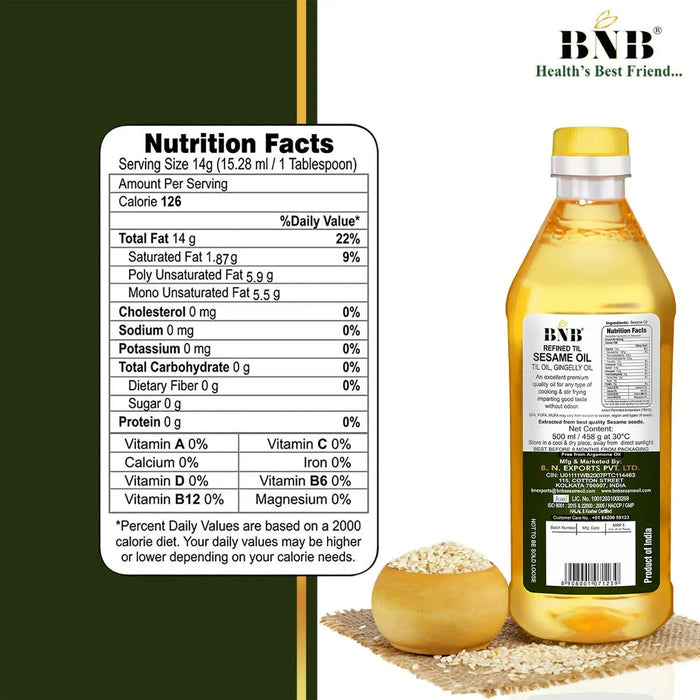 BNB Refined Sesame Oil | Til Oil | Gingelly Oil | Healthy Cooking Oil |Deep Frying Oil | Daily Use| Low Trans-Fat | Non-Sticky | Neutral Flavour