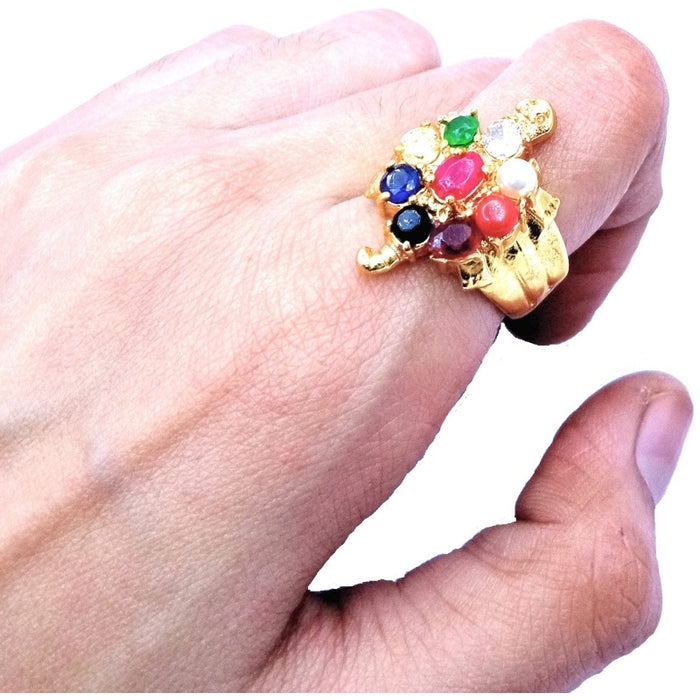 Raviour Lifestyle Kachua Tortiose Adjustable Finger Ring Navratna Stone Nine Planets Ring for Men and Boys Brass Emerald, Garnet, Sapphire, Coral Brass Plated Ring