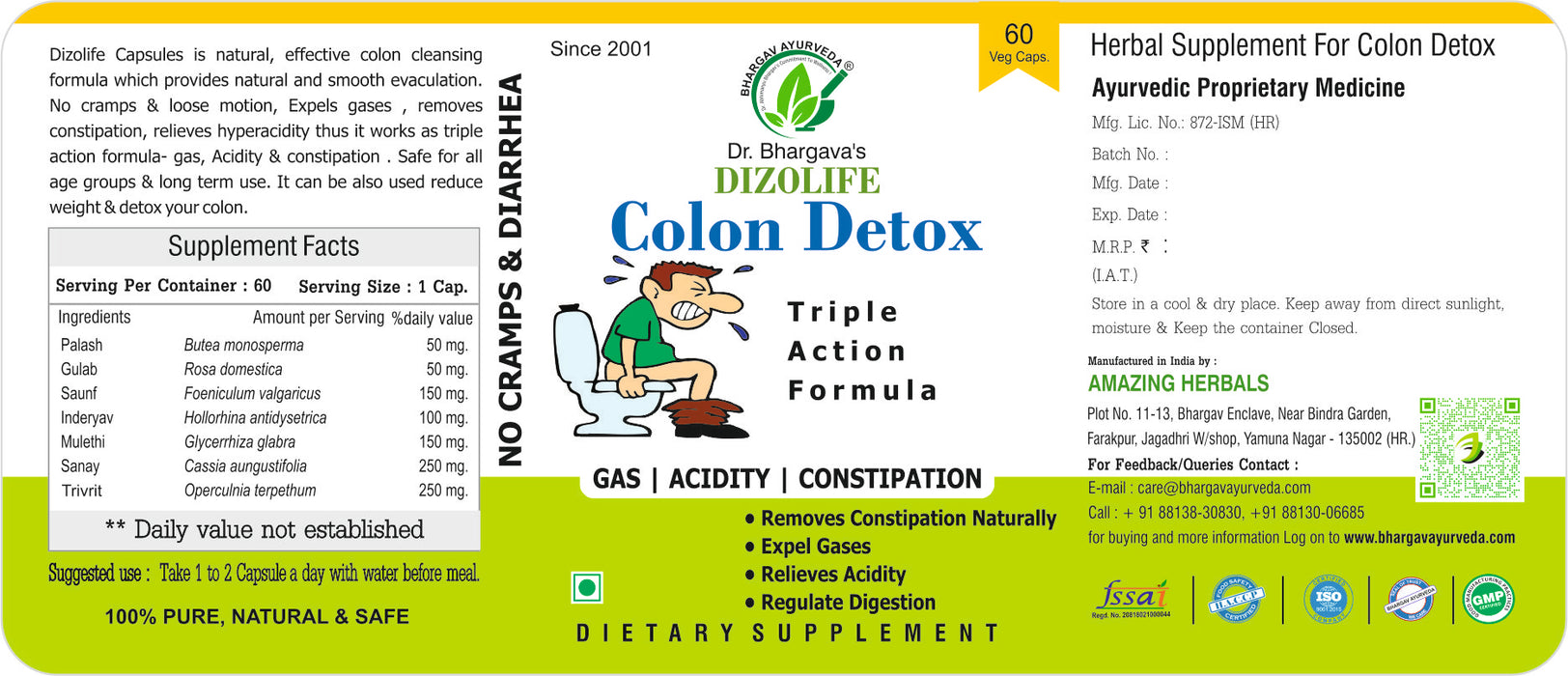 Dr. Bhargav’s – Colon Detox |Best Smooth laxative Capsule | Relieves constipation NAturally | Smooth Evacuation with No Cramps No Diarrhea |Triple action formula -Acidity, Gas , Constipation | Expels Gases NAturally | Reduces girth of abdomen& Lumbar| wei