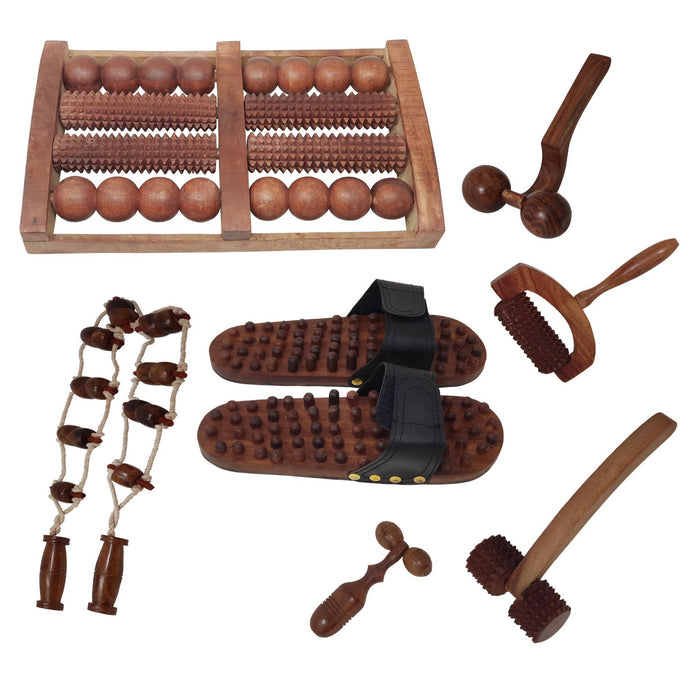 Complete Kit of 7 Pc Wooden Acupressure Massager Set (Foot / Feet, Roller, Hand, Face, Back Cutter Massager Set )