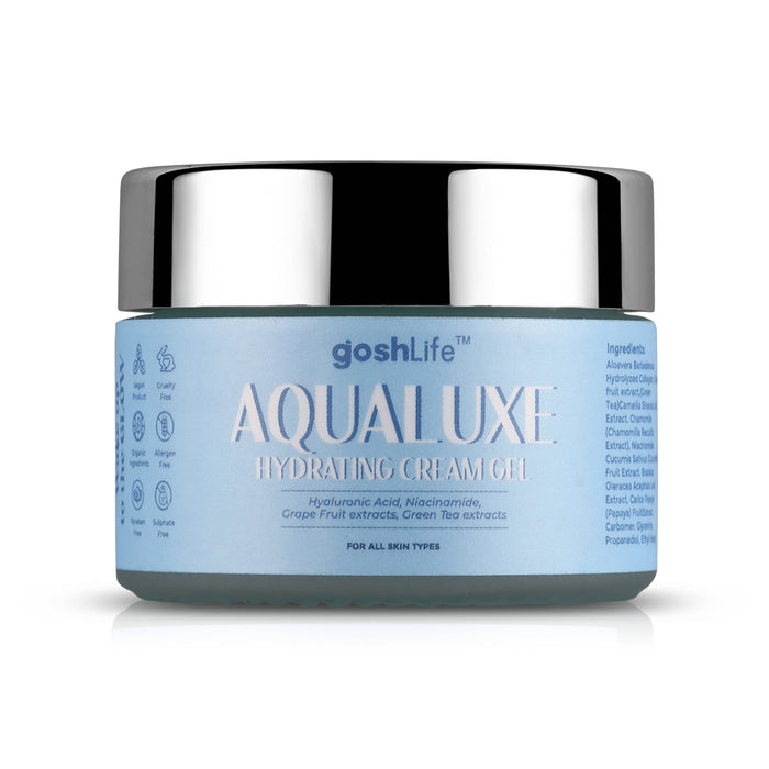 GoshLife Aqualuxe Moisturizer | 24 HR Hydration Boost | Hyaluronic acid, Niacinamide | Oil Free Face Lightweight Gel Moisturizer, All Skin | 100% Vegan, Natural, Paraben-Free, 50gm