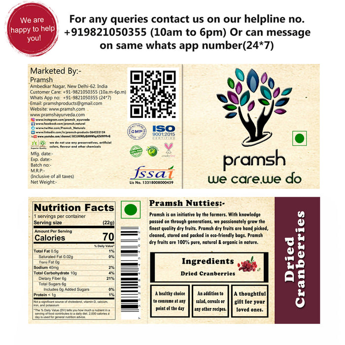 Pramsh Luxurious Quality Dried Cranberries (Unsulphured | No Added Sugar | Naturally Dehydrated) Cranberries - Local Option