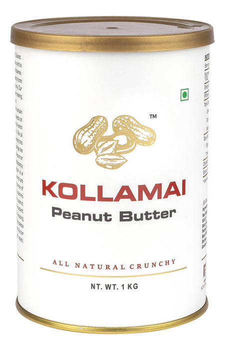KOLLAMAI Peanut butter Unsweetened Crunchy Organic Natural Smooth Creamy made with Roasted Peanuts 1kg can (Pack of 1)