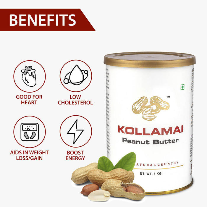 KOLLAMAI Peanut butter Unsweetened Crunchy Organic Natural Smooth Creamy made with Roasted Peanuts 1kg can (Pack of 1)