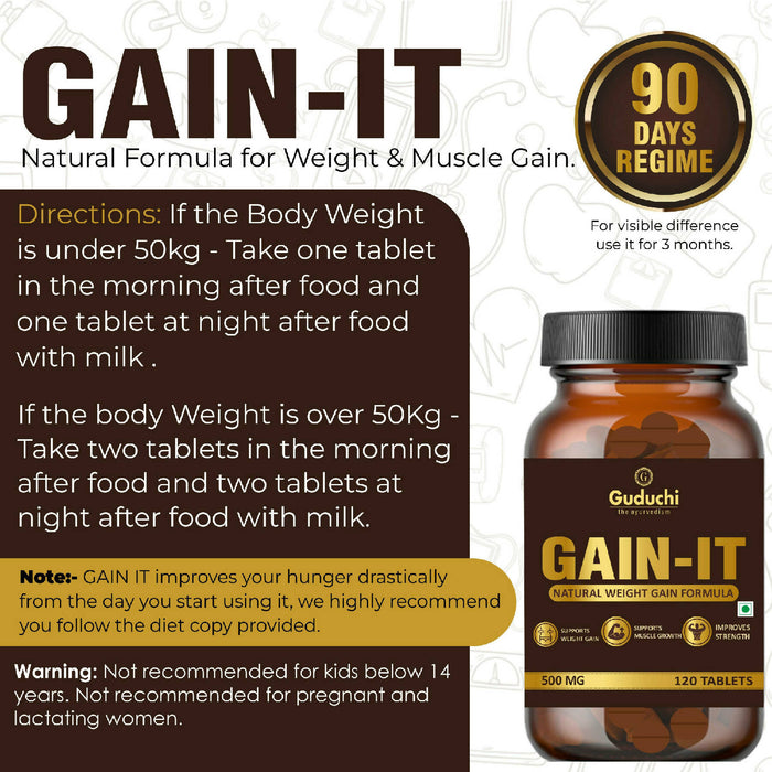 Guduchi Ayurveda GAIN-IT Tablets for Fast Weight & Muscle Gain and Bone Strength | For Under weight men and women | 500mg Tablets - 120 Tabs * PACK OF 3