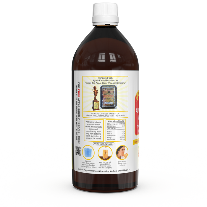 Dr. Patkar’s Apple Cider Vinegar with Ginger, Turmeric & Fenugreek | Unfiltered & Undiluted | Improved Immunity | Joint Pain Relief Supplement | Increase Blood Circulation (With Mother)