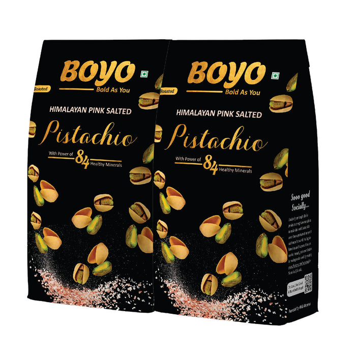 BOYO Roasted Pistachios 400g (2 x 200g) - Himalayan Pink Salted - Dry Roasted, Non Fried, Oil Free, Crunchy Healthy Snack