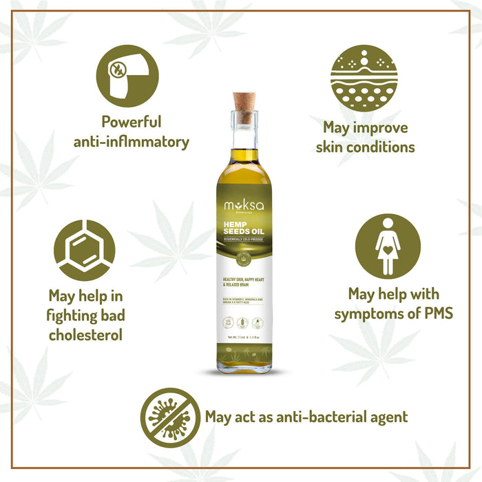 Moksa Organic Hemp seed oil - Cold pressed | Certified Indian Hemp Oil For Face and Hair Growth | Rich in Omega-3 and Omega-6 | Skin Repair 500ml
